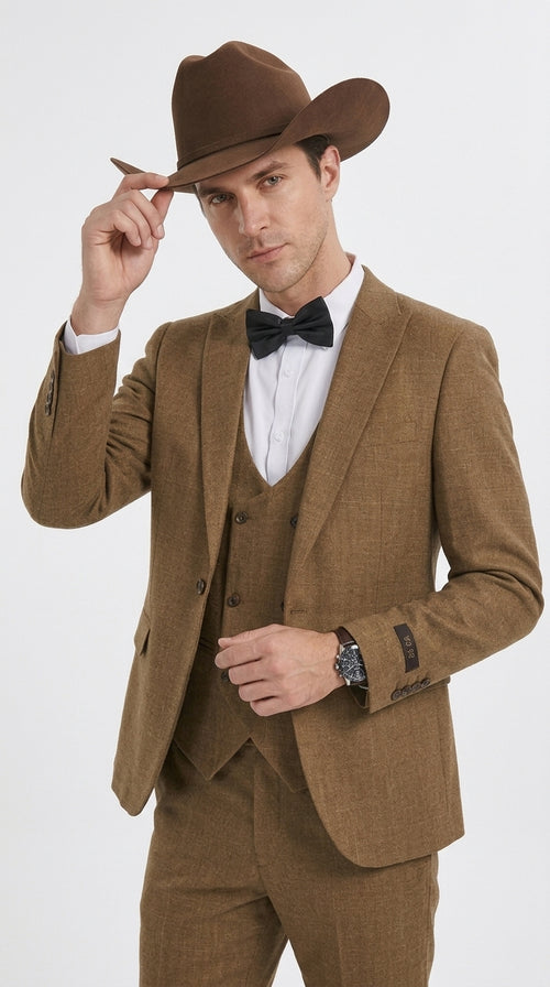 Men’s Light Brown Western 3-Piece Suit – Cowboy Wedding Suit with Vest British Khaki Color