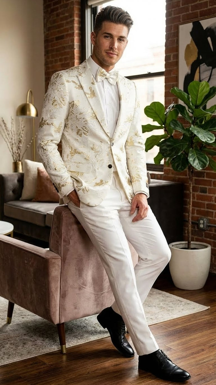 Men’s White and Gold Patterned Blazer - Paisley Floral Pattern Prom Wedding Suit Tuxedo Dinner Jacket + Bowtie by USA Men's Outlet