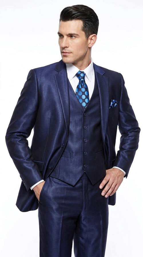 Men's Shiny Navy Blue Sateen 3-Piece Suit – Elegant Wedding, Prom Dress Suit with Matching Vest and Pants Slim Fitted