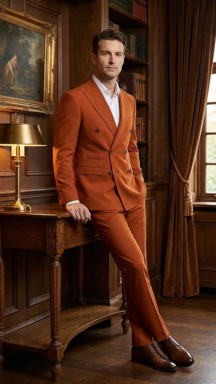 Vitali Brand Men’s Burnt Orange Double Breasted Suit - in Rust Brick Copper Color USA Men's Outlet