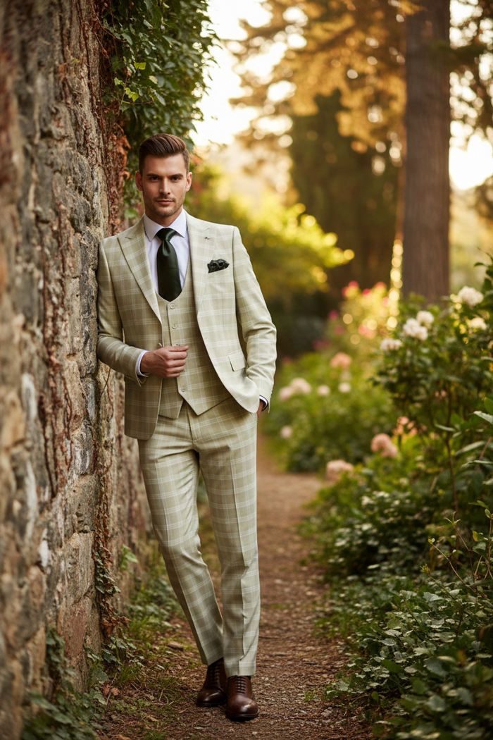 Men’s Light Beige Check 3-Piece Suit Set - Premium Tailored Fit Formal Wedding and Spring Event Suit Light Tan Sand Color By Rossiman USA Men's Outlet