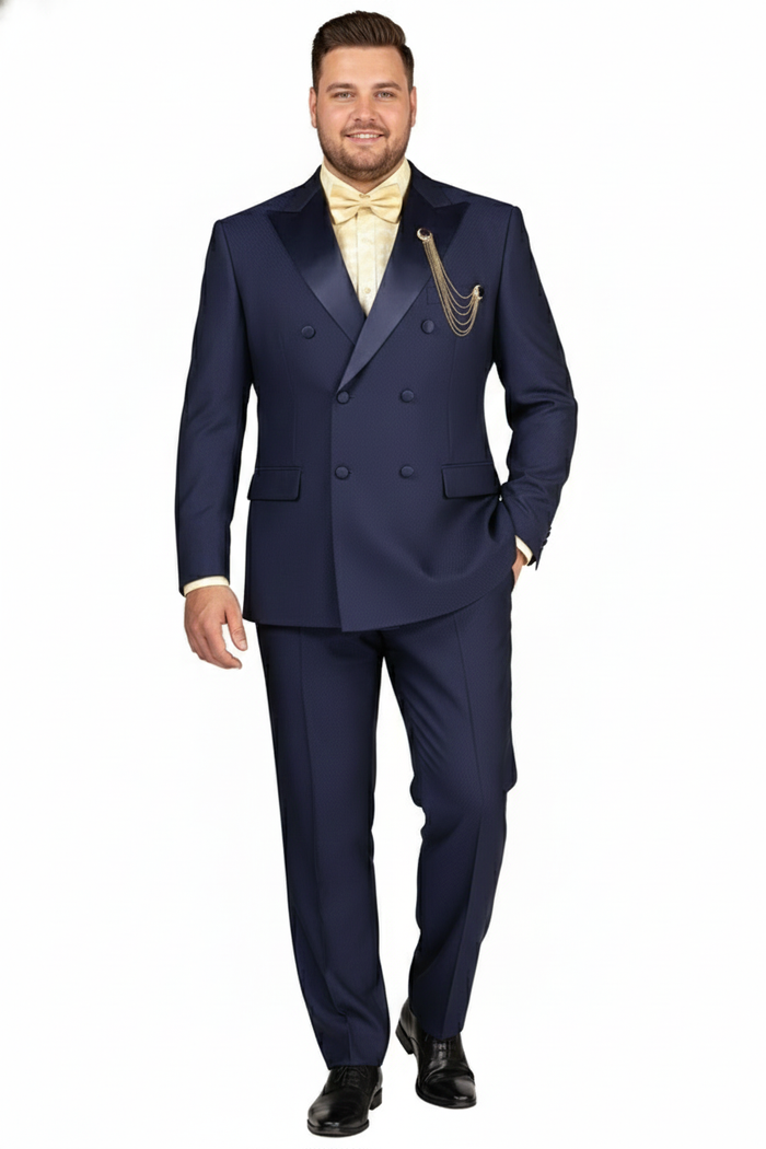 Men’s Navy Blue Double-Breasted Tuxedo with navy Satin Peak Lapel Wedding Suit by USA Men's Outlet