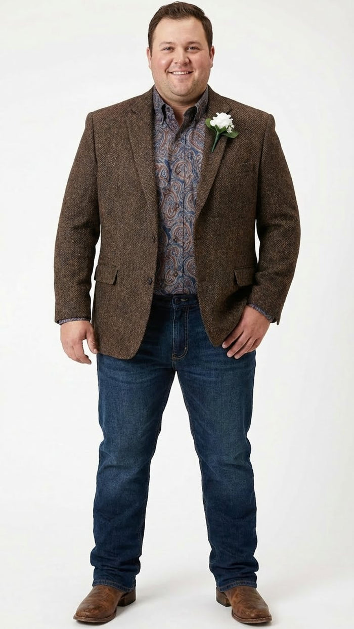 Saco Vaquero Men’s Brown Western Tweed Herringbone Blazer Jacket – Classic Cowboy Style Sport Coat for Wedding Party