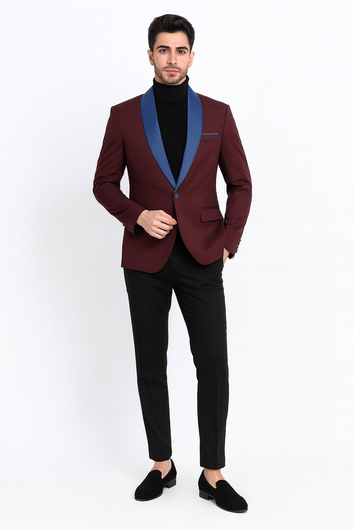Mens Burgundy Tuxedo Dinner Jacket Blazer with Blue Satin Shawl Lapel Wedding and Party Jacket USA Men's Outlet