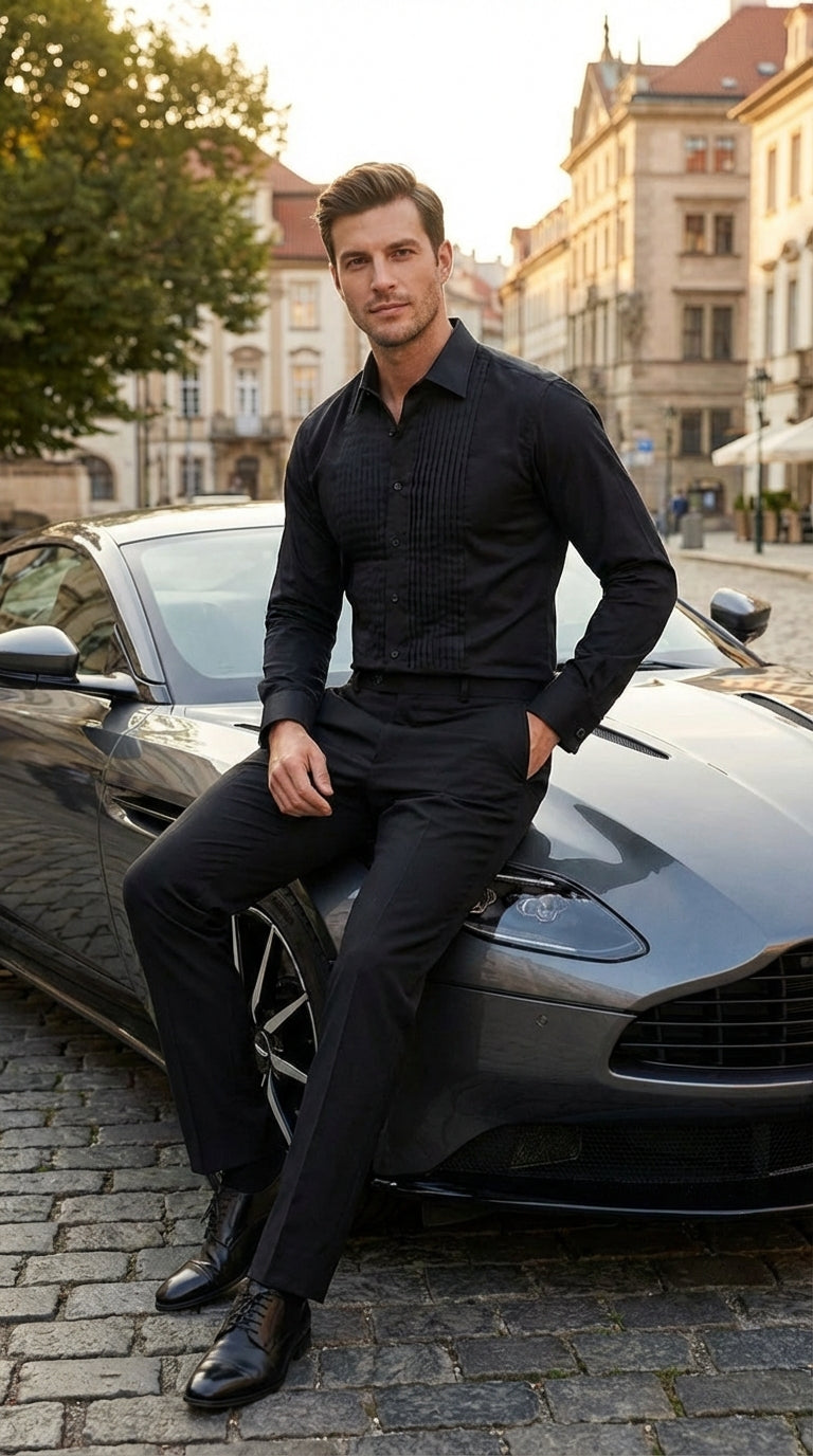 Men’s Black Pleated Tuxedo Dress Shirt | Formal Laydown Collar Button-Up Shirt for Weddings & Black Tie By Tiglio – SuitUSA