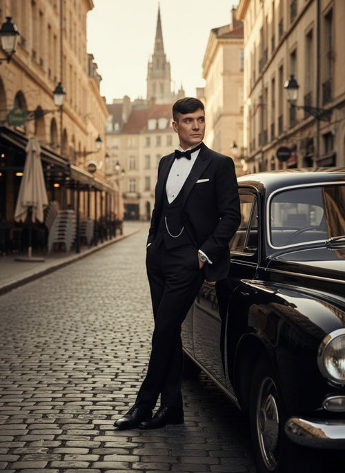 Men’s Black Peaky Blinders Style Three-Piece Tuxedo Suit – Classic Formal Suit with Blazer and Waistcoat Peak Lapel 1920s Style