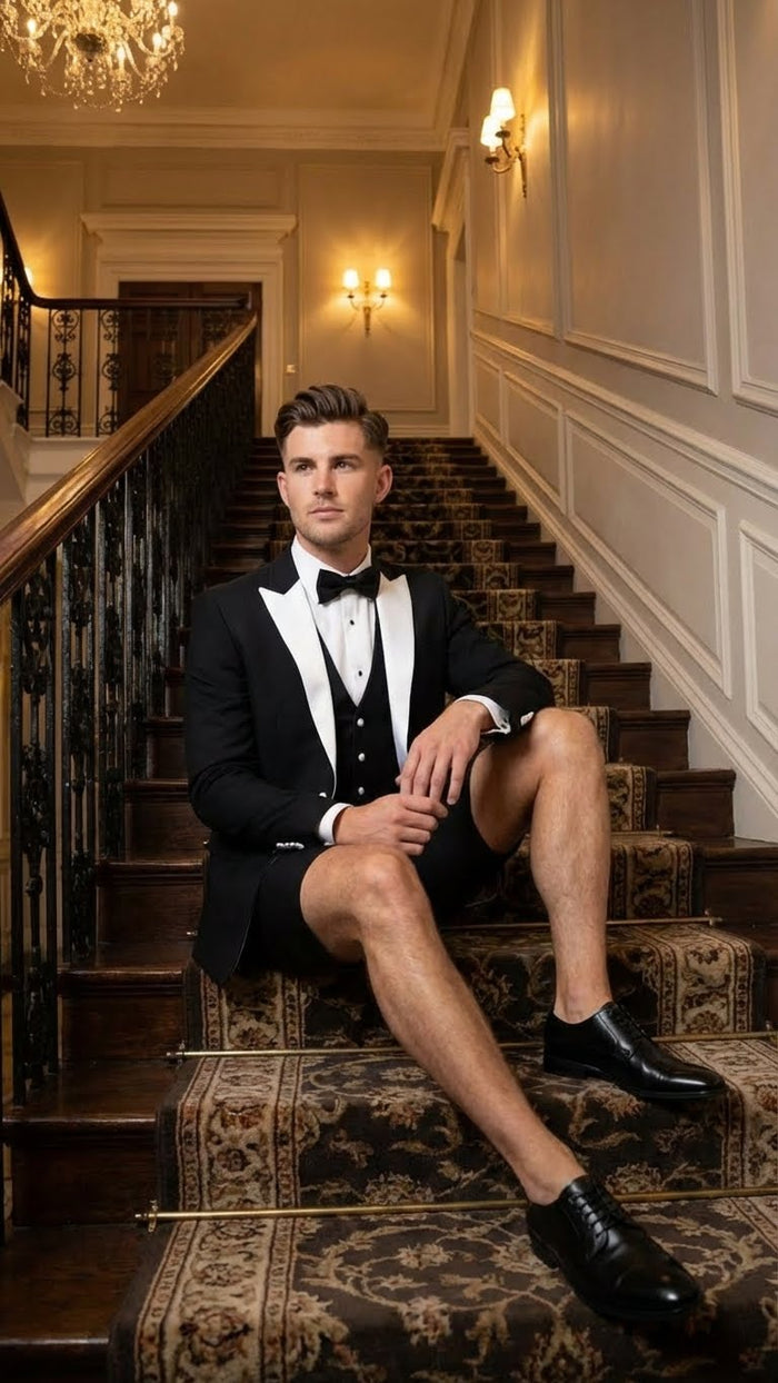Men's Black And White Tuxedo Shorts Suit – Modern Formal With Pants Wedding, Party Special Events 34 Short or Extra Small