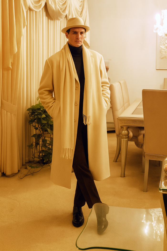 Men’s Long Cream Overcoat Wool Fabric in Ivory Off White Color Full length by USA Men's Outlet