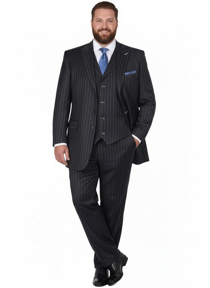 Men’s Three Button Suits - Navy Blue Pinstripe Three-Piece Suit - Classic Business and Formal Wear with Tailored Fit by USA Men's Outlet