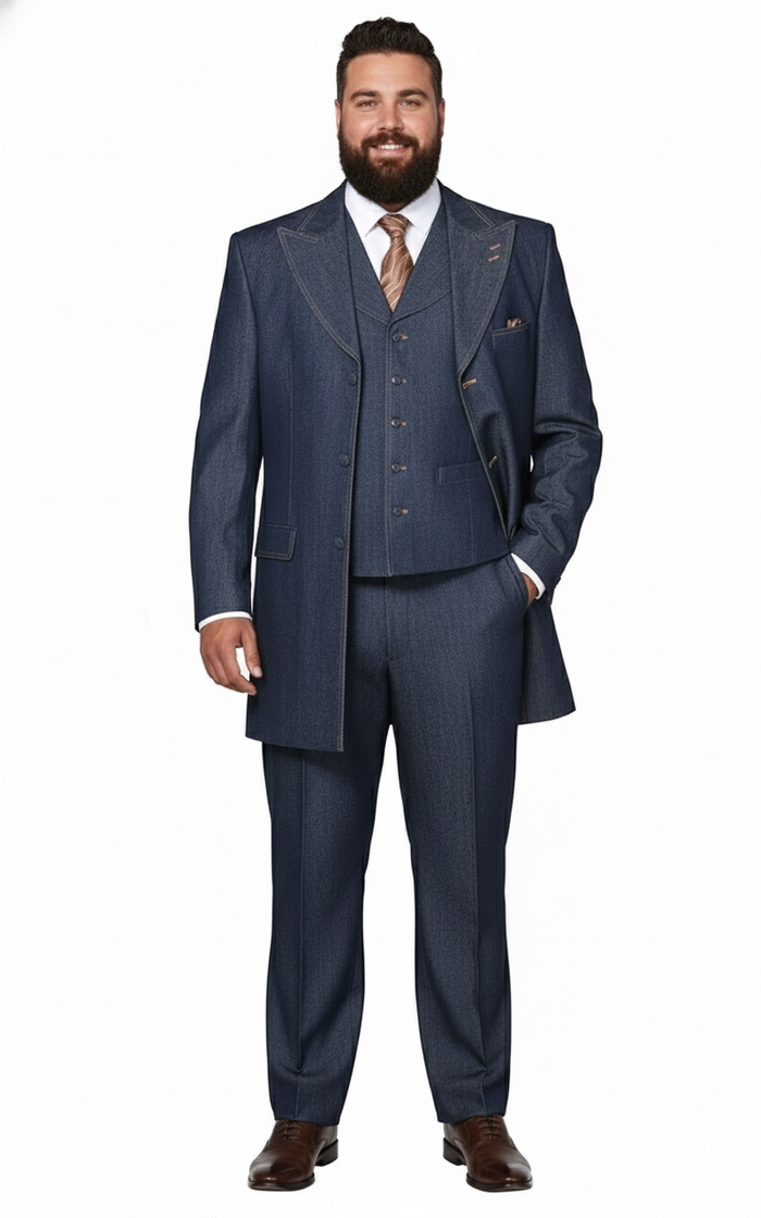Men’s Cotton Denim Three-Piece Suit - Modern Blazer Denim Suit with Vest and Trousers Pleated Pants Classic Fit by USA Men's Outlet