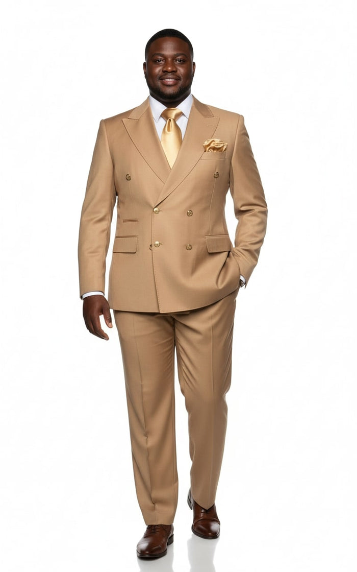 Mens Camel - Bronze - Goldish khaki Double-Breasted Suit - Luxury 2-Piece Formal Set with Gold Buttons and Peak Lapels by Rossi Man USA Men's Outlet