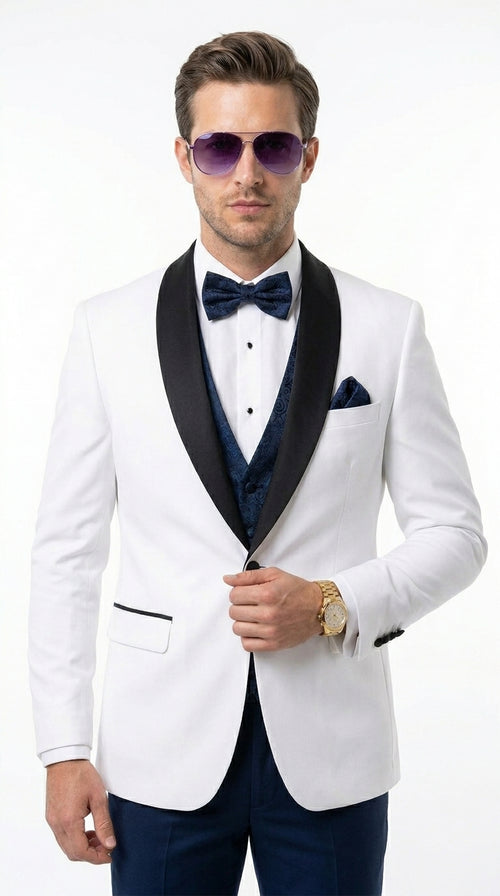 Men’s White and Navy Blue Tuxedo Wedding Suit with Blazer, Vest, Pants and Bow Tie, Formal Groom Suit