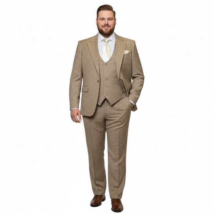 Men’s Beige Pinstripe Three-Piece Suit - Classic Fit Formal Suit with Vest and Flat-Front Pants in Tan Stripe By Rossiman USA Men's Outlet