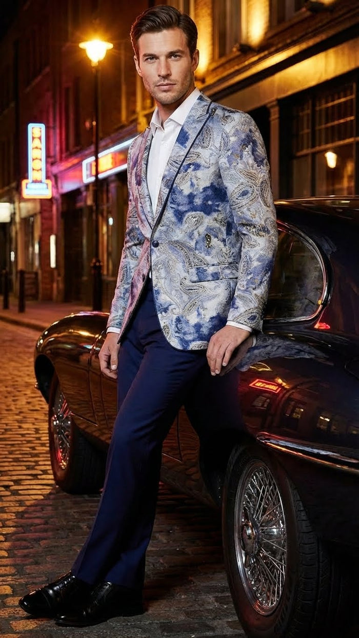 Men’s Navy Blue and Gray Paisley Print Blazer - Prom Jacket for Formal, Party, and Evening Wear by USA Men's Outlet