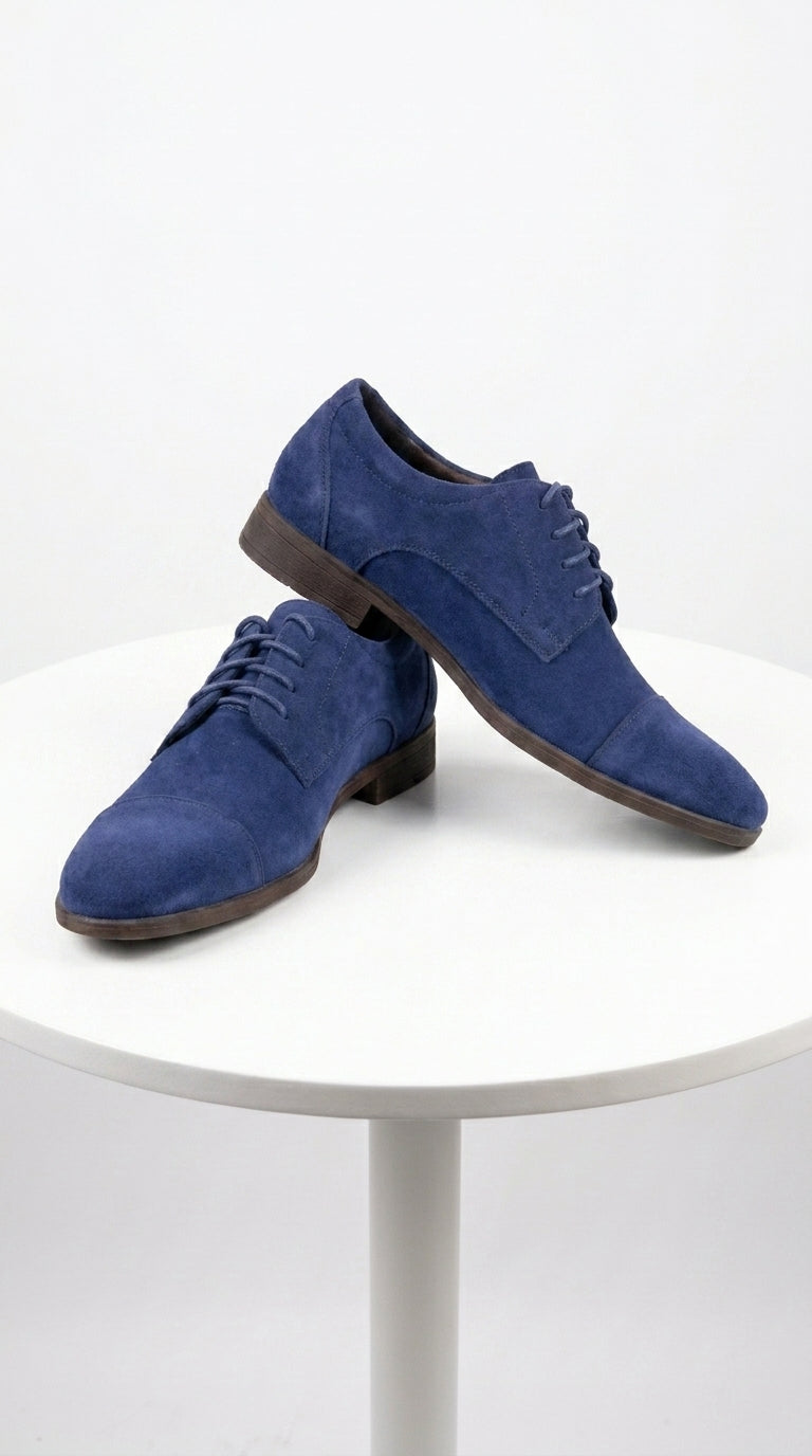 Men’s Navy Blue Suede Cap Toe Dress Shoes – Classic Lace Up Formal Wedding and Prom Shoes Velvet Fabric