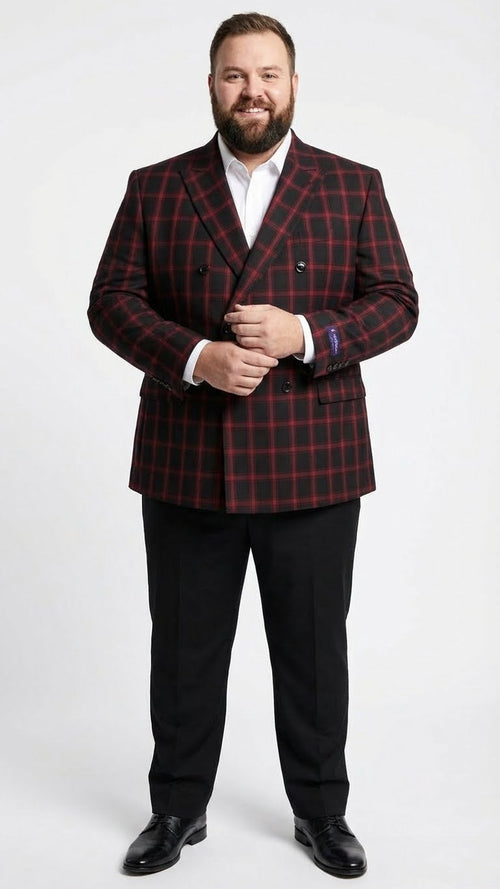 Men’s Black and Red Check Double Breasted Blazer - Sport Coat Jacket Windowpane Sportcoat Slim Fit by USA Men's Outlet