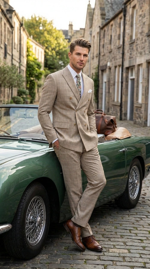 Vinci Men’s Beige Plaid Double Breasted Suit – Classic Checkered Formal Suit Set in Tan Color Windowpane Checkered Pattern