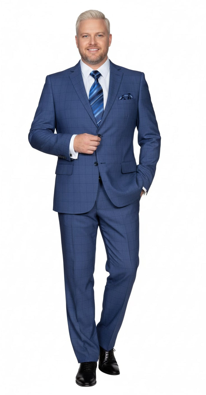 Mens Indigo Navy Blue Windowpane Check Suit - Classic 2-Piece Formal Business and Wedding Wear Set in Cobalt Blue by USA Men's Outlet