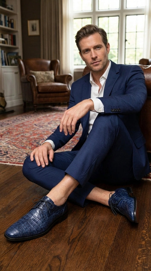 Mezlan Blue Crocodile Alligator Embossed Leather Dress Shoes for Men – Luxury Lace Up Oxford Shoes – Blue Exotic Pattern Formal