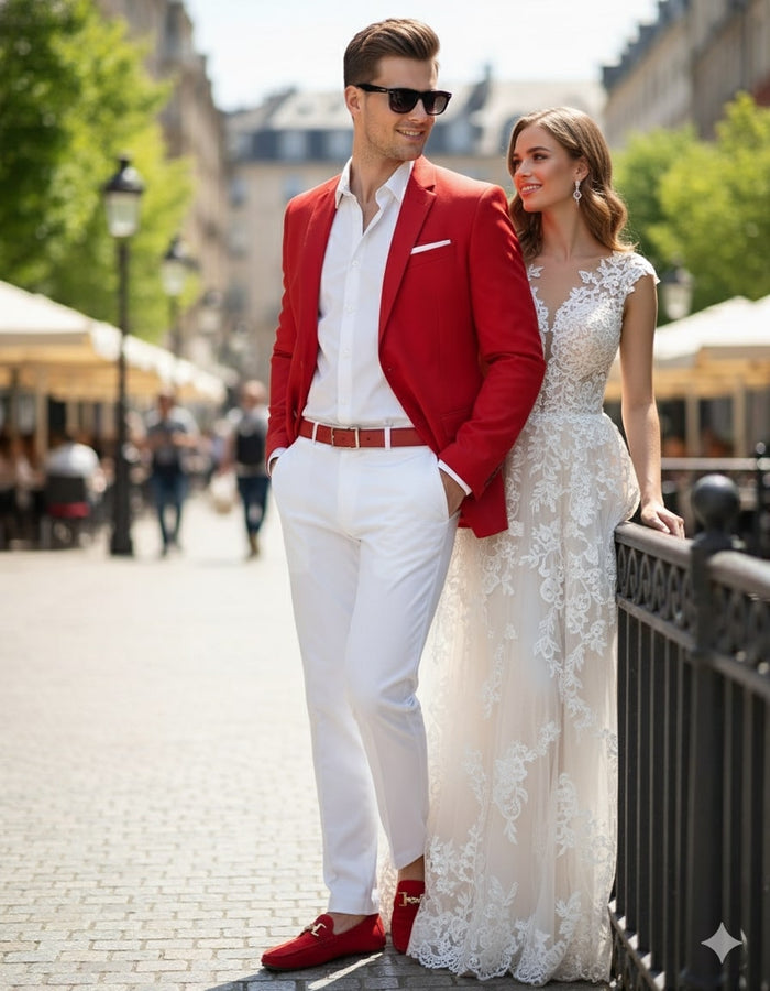 Mens Red Blazer and White Pants Set - Stylish Casual Dress Outfit For New Year Holiday and Christmas Suit by USA Men's Outlet