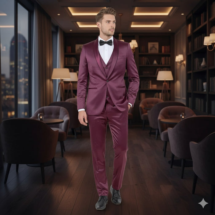 Mens Sateen Shiny Burgundy Slim Fit Tuxedo - Satin Shawl Lapel 3-Piece Suit by USA Men's Outlet