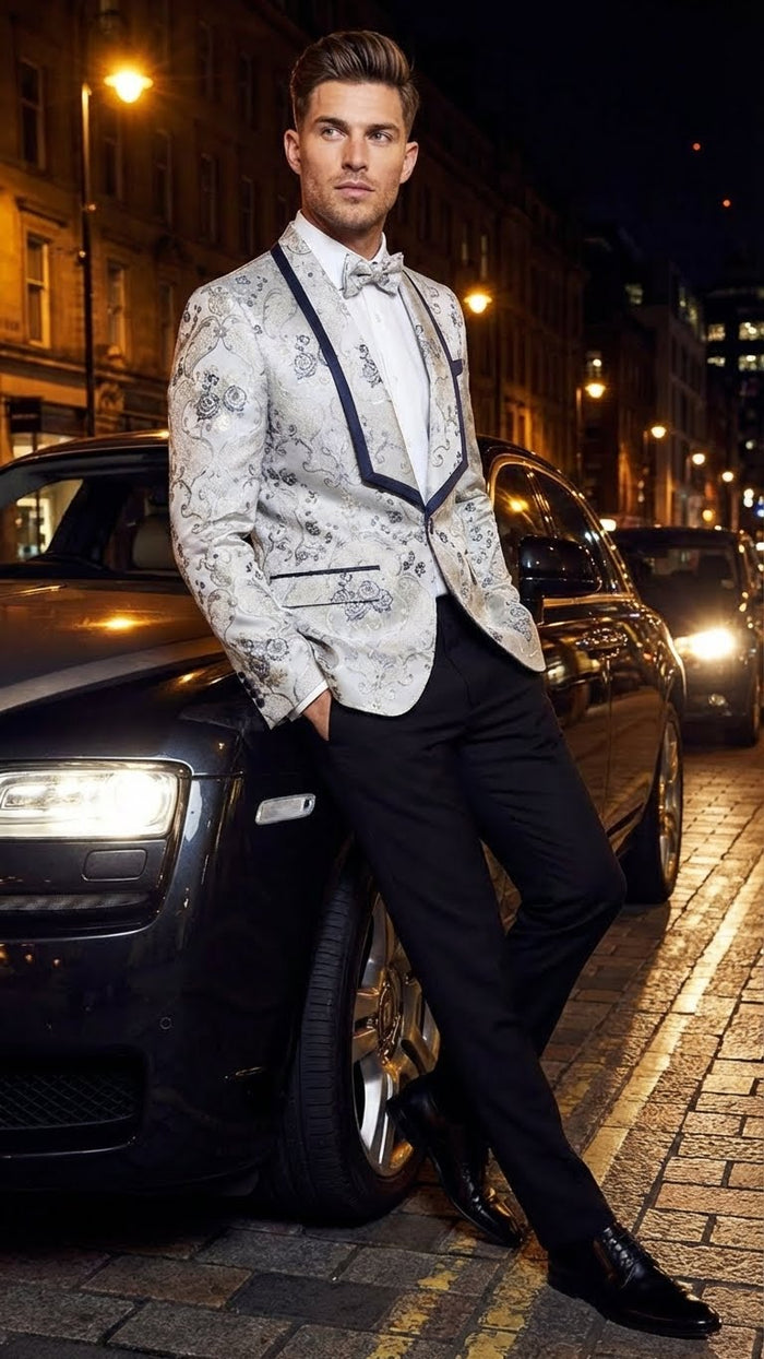Men’s White and Navy Blue Lapel Floral Jacquard Blazer with Contrast Shawl Lapel - Luxury Wedding and Party Wear Jacket paisley Tuxedo Navy Pants by USA Men's Outlet