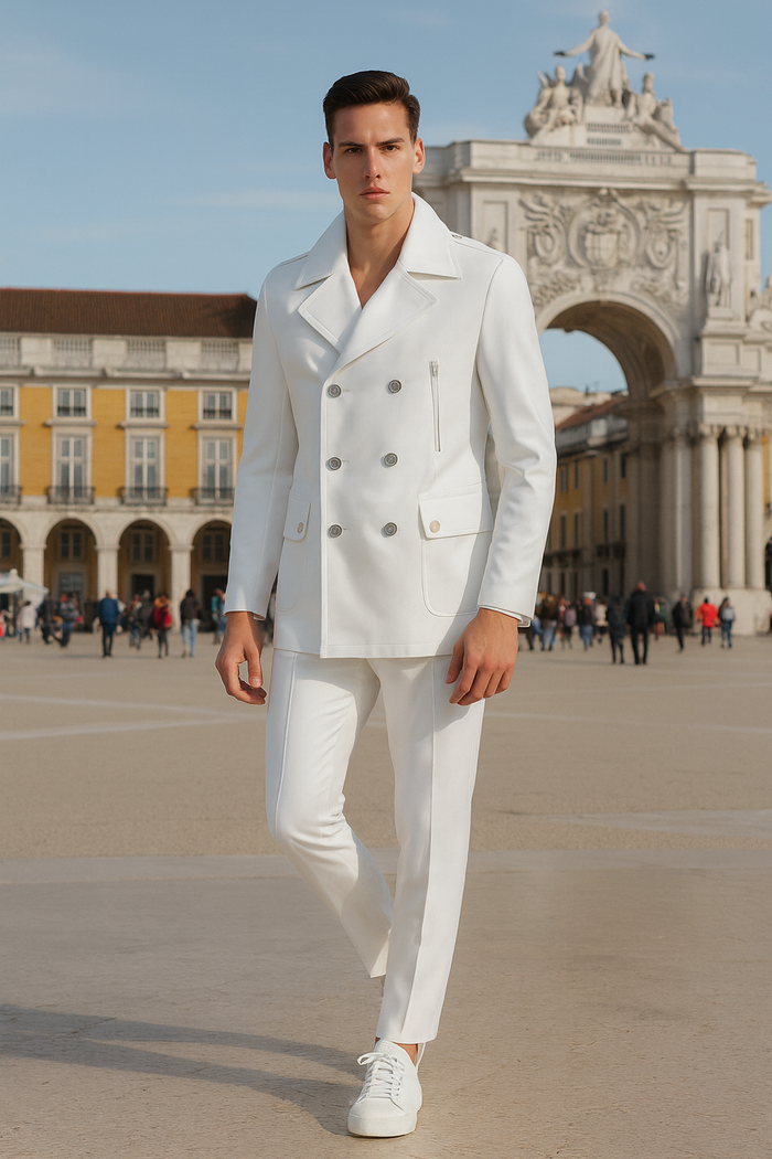 Men’s White Double-Breasted Peacoat Jacket - Classic Stylish Outerwear Wool Fabric Slim Fitted by USA Men's Outlet