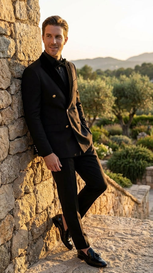 Men’s Black Double Breasted Tuxedo Suit - Luxury Formal Dinner Jacket Gold Buttons Velvet Lapel by USA Men's Outlet
