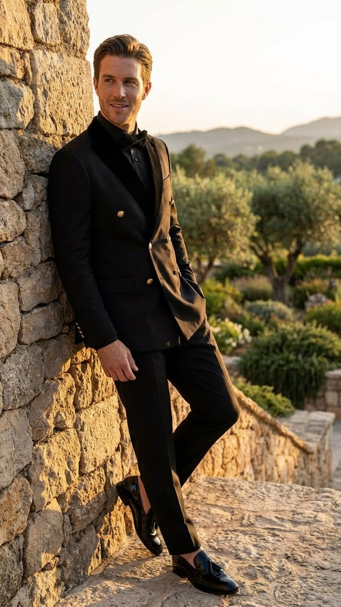 Men’s Black Double Breasted Tuxedo Suit - Luxury Formal Dinner Jacket Gold Buttons Velvet Lapel by USA Men's Outlet
