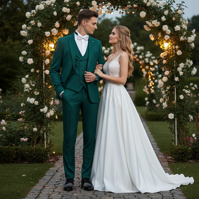 Men’s Emerald Green Textured 3-Piece Suit - Polk Dot Pattern Formal Wedding, Prom, and Evening Wear Outfit by USA Men's Outlet