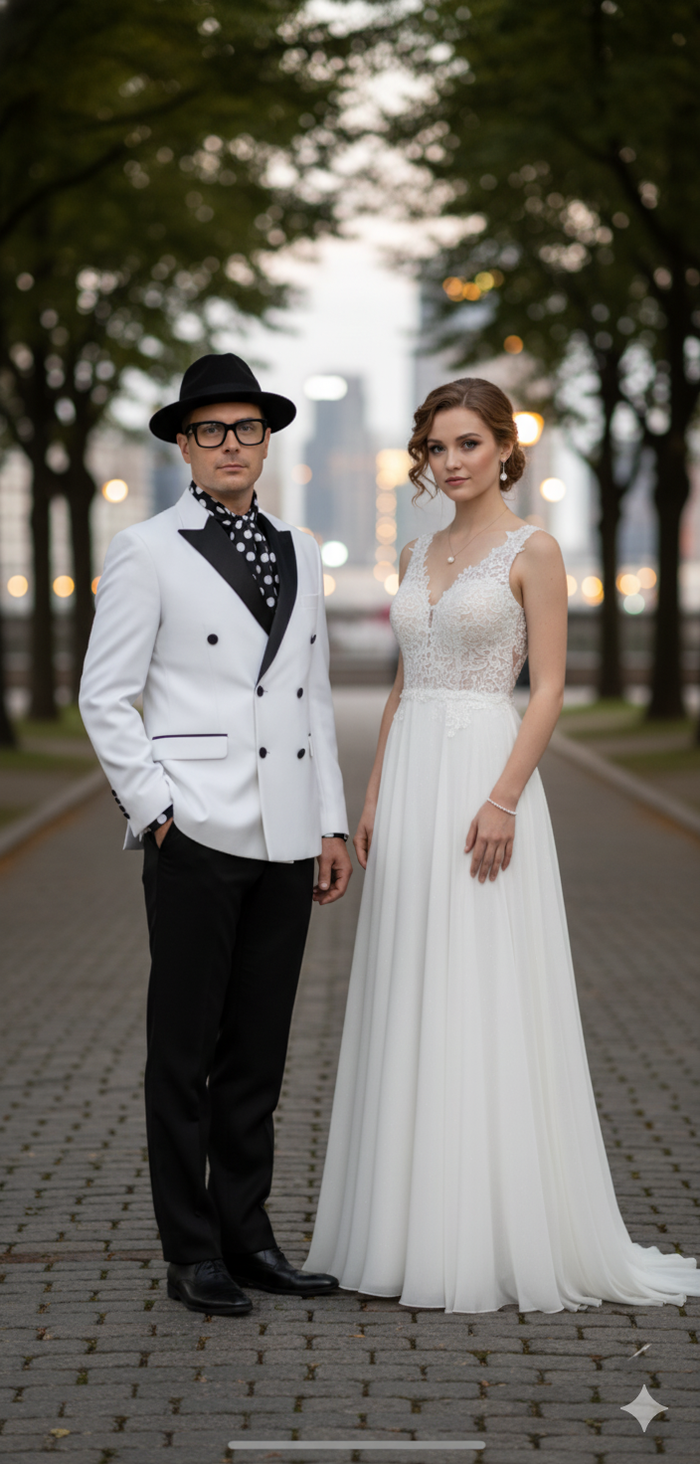Men’s White and Black Double-Breasted Tuxedo - Modern Slim Fit Formal Suit for Weddings, Parties, and Special Occasions by USA Men's Outlet
