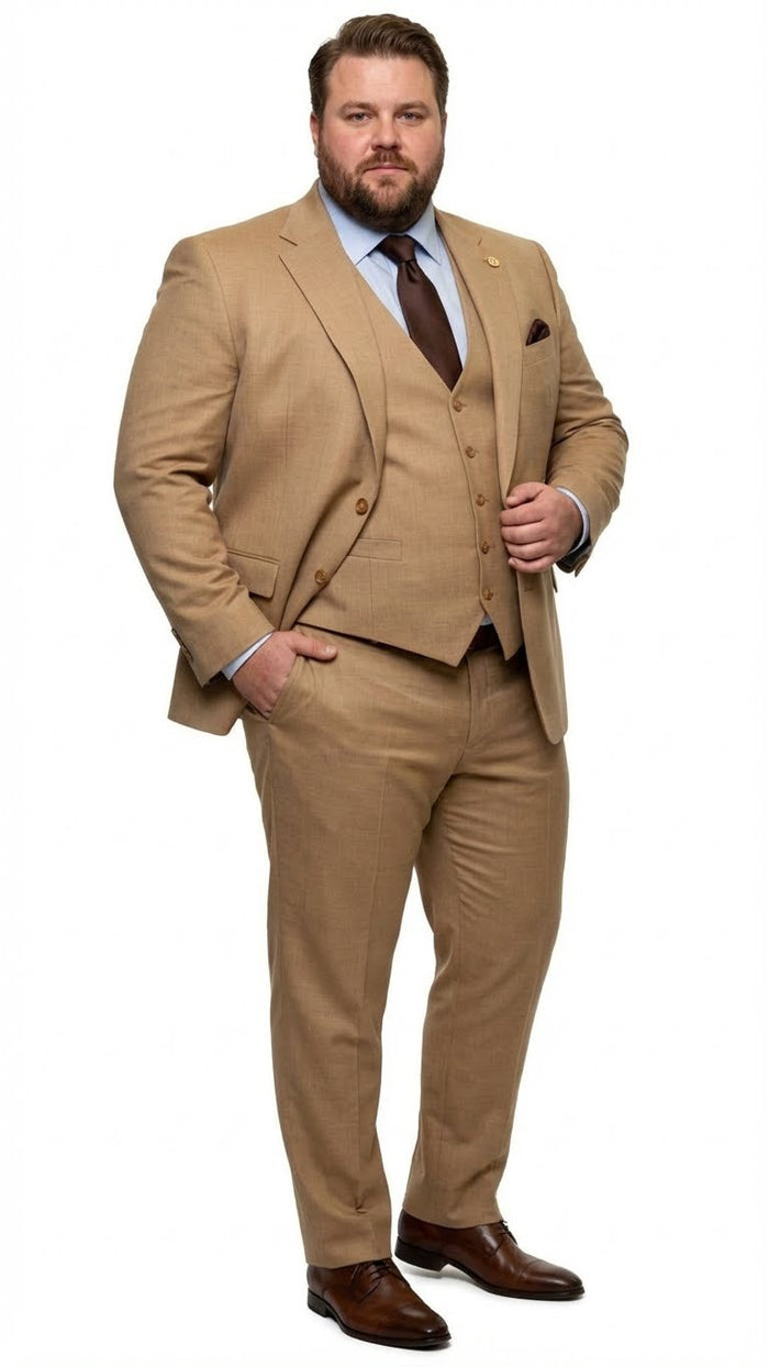 Men's Tan Three-Piece Suit with Vest - Classic Tailored Fit in camel khaki Bronze color By Rossiman USA Men's Outlet