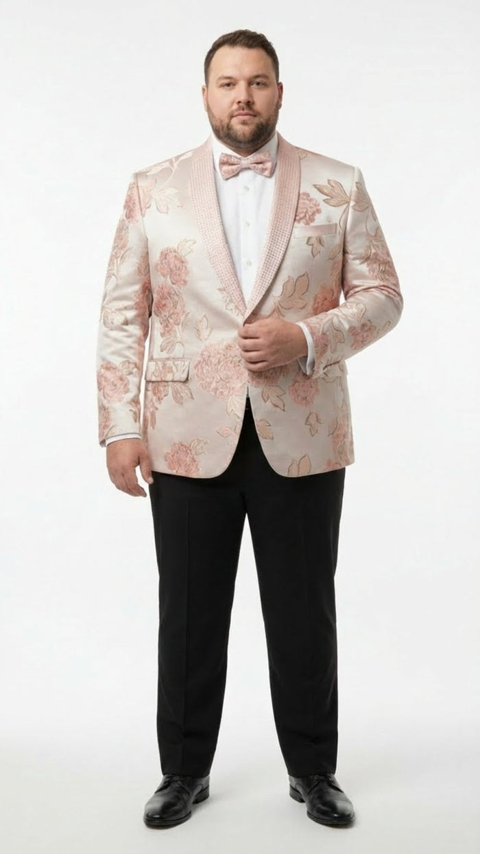 Men’s Pink Blush Floral Jacquard Blazer with Embellished Shawl Lapel - Luxury Party and Wedding Wear Jacket by USA Men's Outlet