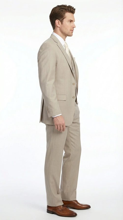 Men’s Tan Pinstripe Three Piece Suit – Classic Fit Pleated Pants  Tan Sand Beige Wedding, Church Shadow Ton on Tone  Business Suit for Men