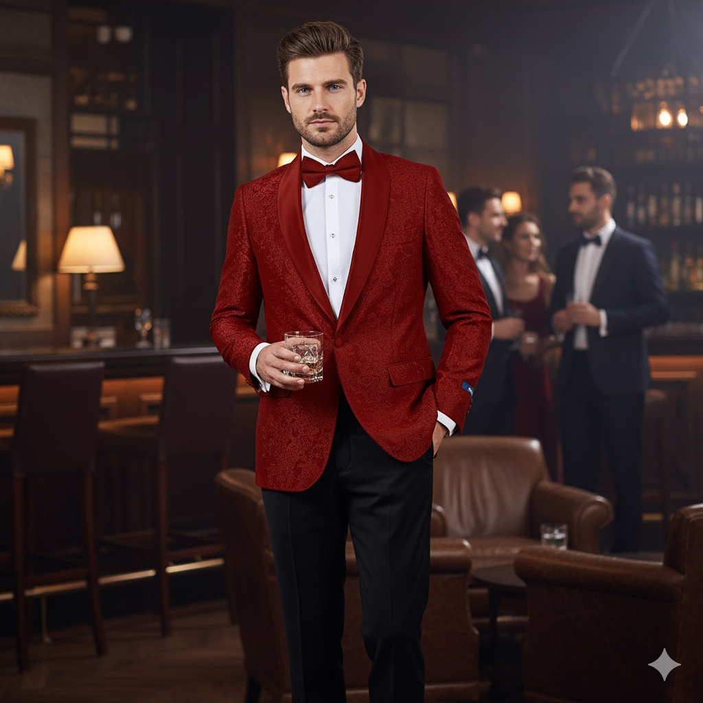 Big and Tall Men’s Burgundy Paisley Tuxedo Jacket – Satin Shawl Lapel Blazer with Bow Tie for Weddings, Proms, and Special Events