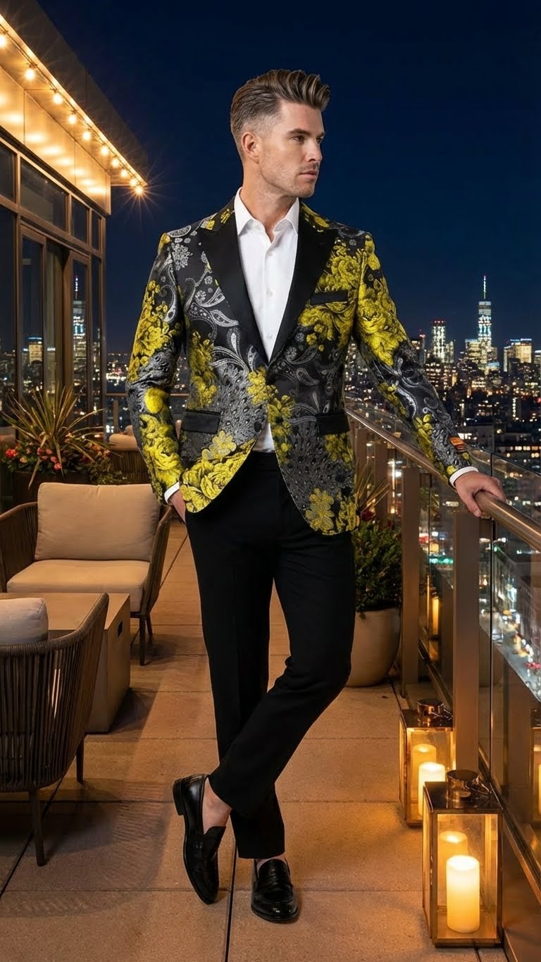 Men’s Yellow Tuxedo Black and Gold Floral Pattern Blazer | Formal Jacket - Prom Dinner Jacket + Black Pants + Bowtie