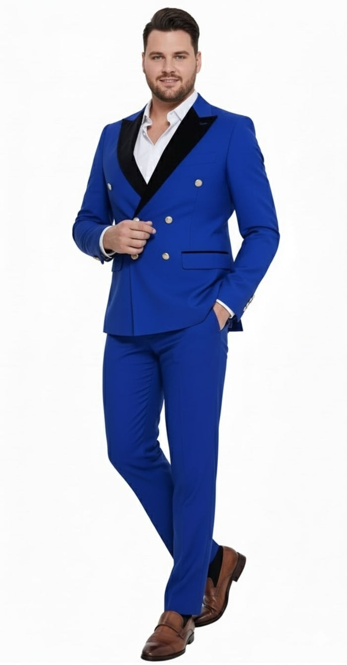 Mens Royal Blue Double-Breasted Tuxedo Suit - Modern Slim Fit Formal Wedding and Prom Outfit with Black Satin Lapel by USA Men's Outlet