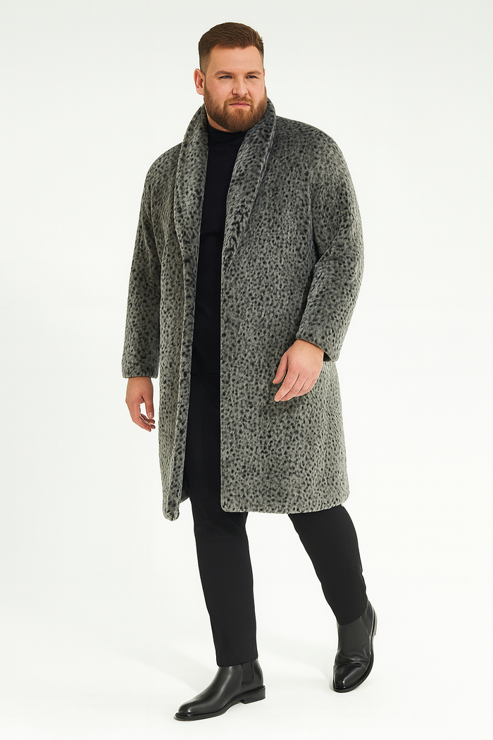 Men’s Luxury Long Grey Faux Fur Coat - Winter Overcoat with Animal Print Design by USA Men's Outlet