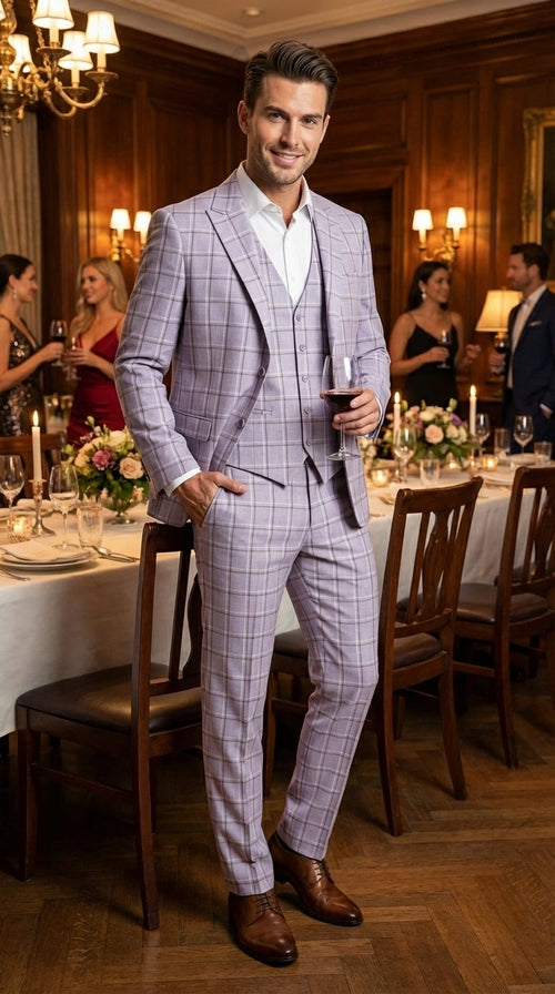 Men’s Lilac Lavender Windowpane Check 3 Piece Suit – Lilac Plaid Formal Suit with Vest for Wedding, Prom and Business Events