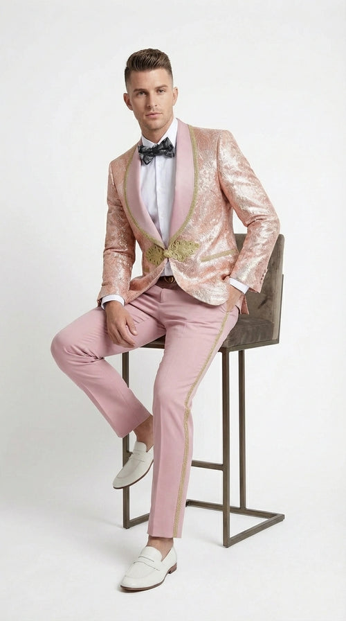 Men’s Rose Gold Pink Prom Tuxedo Suit – Slim Fit Paisley Pattern Formal Tuxedo Suit for Prom, Wedding and Special Events