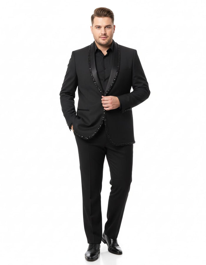 Mens Classic Black Designer Blazer with Beaded Lapel - Elegant Formal and Party Wear Dinner Jacket For Groom by USA Men's Outlet