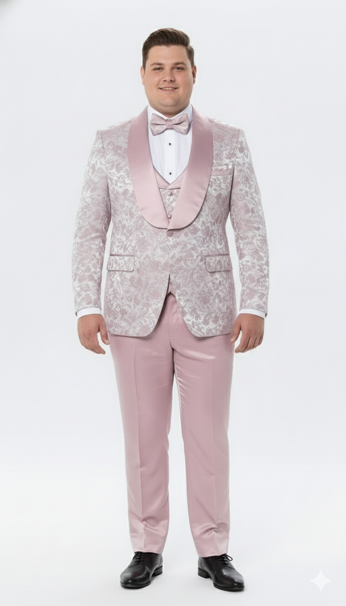 Men’s Light Pink Dusty Rose - Floral Tuxedo Suit - Luxury Satin Shawl Lapel 3-Piece Formal Wedding and Prom Suit in Blush Mauve color USA Men's Outlet