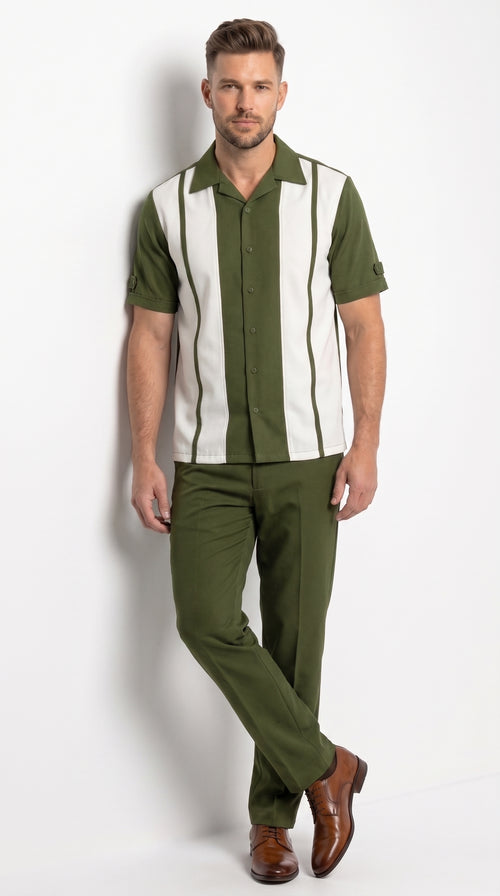 Men’s Olive Green and White Walking Suit – 2-Piece Short Sleeve Casual Leisure Outfit