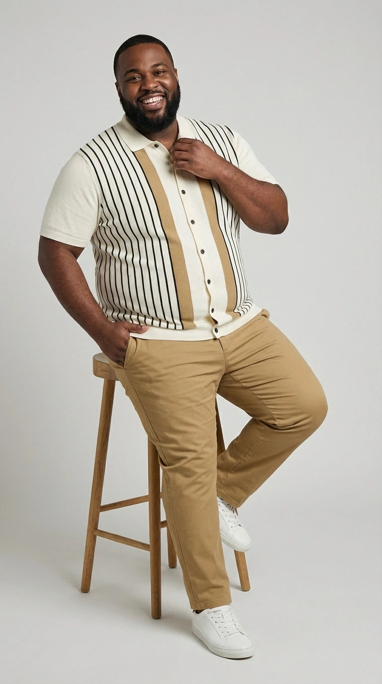 Mens Cream and Tan Striped Walking Suit Set – Casual Summer Short Sleeve Shirt and Pants Outfit for Vacation, Travel and Everyday Wear