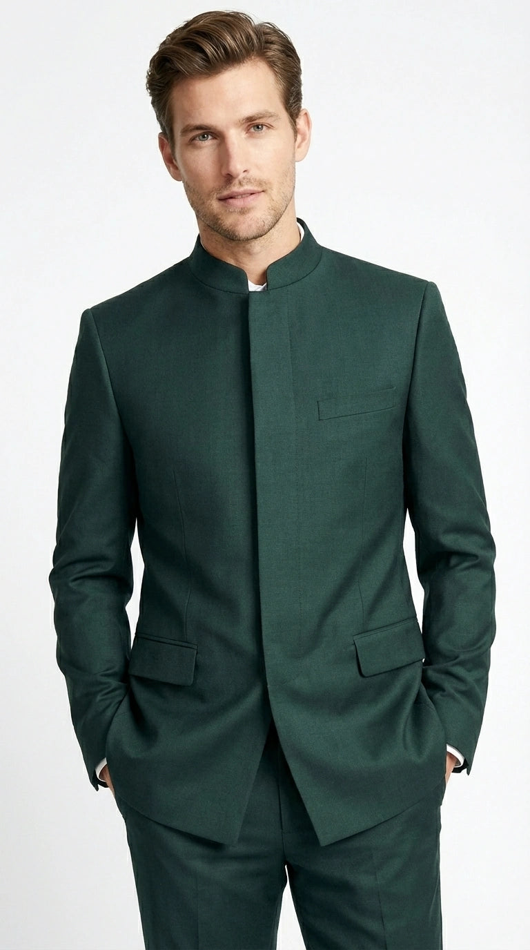Men’s Olive Green Tuxedo Mandarin Collar Suit – Modern Nehru Style Formal Suit for Wedding Banded Collar