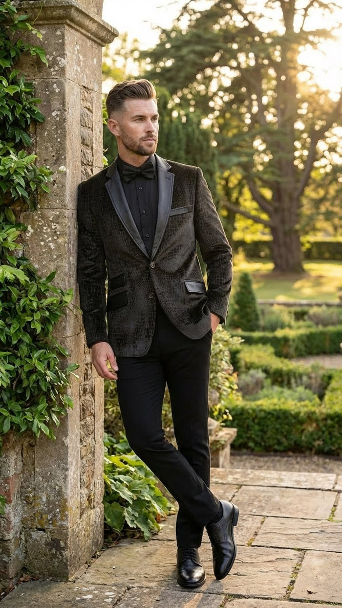 Men’s Crocodile Alligator Exotic skin Texture Blazer - Slim Fit Designer Jacket with Satin Lapels for Formal and Party Wear in Black Color USA Men's Outlet