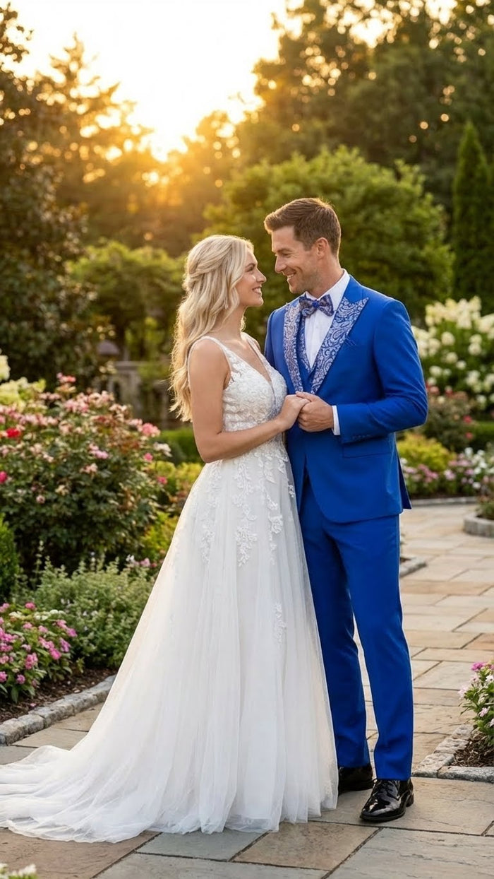 Men’s Bright Royal Blue and White lapel Embellished Tuxedo Suit - 3-Piece Formal Wedding, Prom, and Gala Outfit by USA Men's Outlet