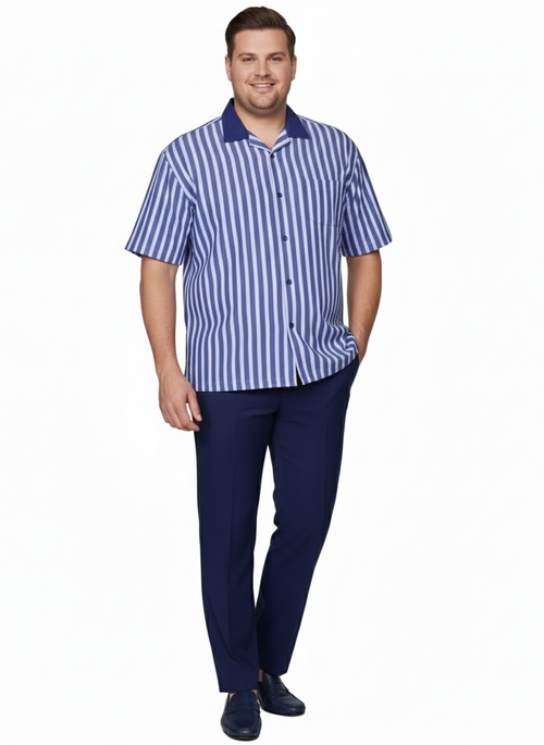 Men’s Blue and White Vertical Stripe Short Sleeve Shirt Set - Casual Summer Two-Piece Outfit by USA Men's Outlet