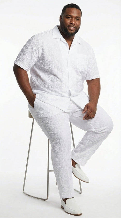 Mens White Seersucker Walking Suit Set – Casual Summer Short Sleeve Outfit with Matching Pants Lightweight Two Piece Set