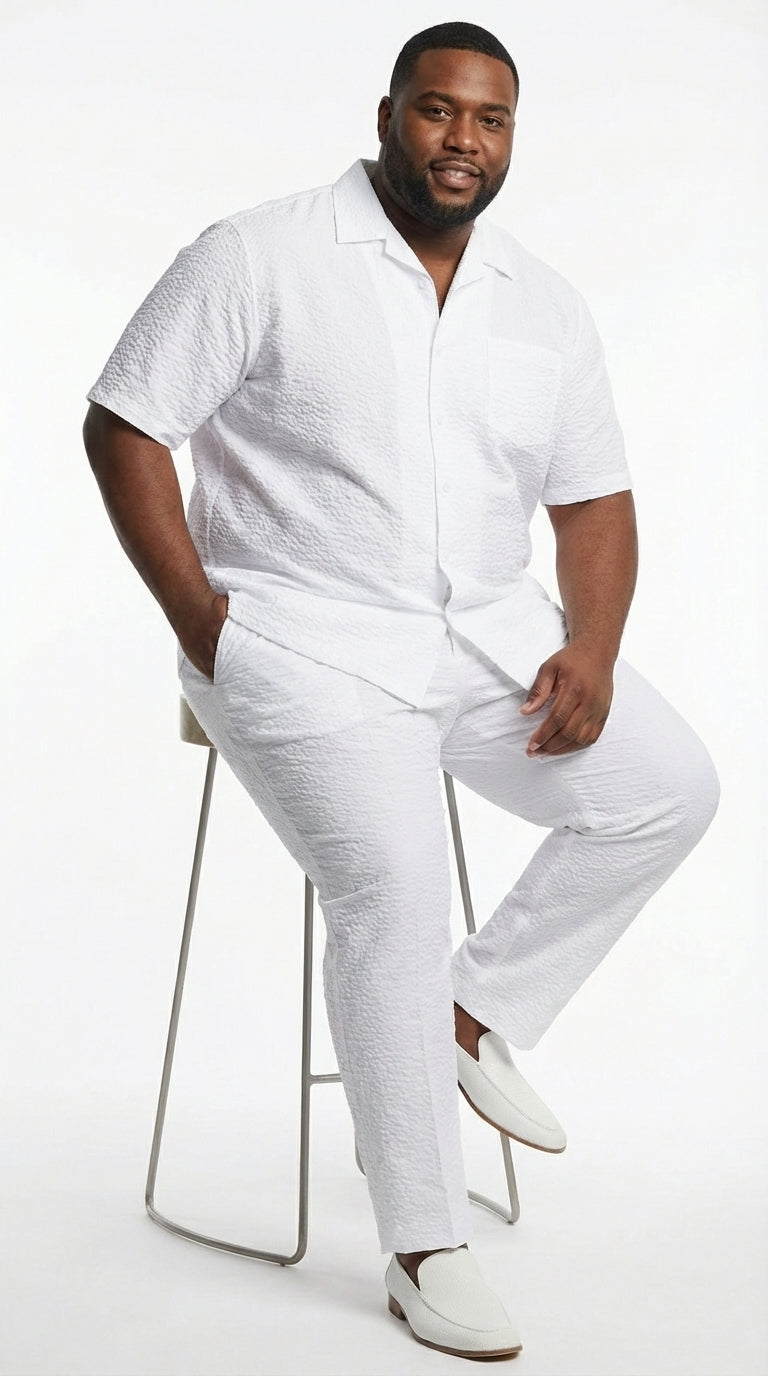 Mens White Seersucker Walking Suit Set – Casual Summer Short Sleeve Outfit with Matching Pants Lightweight Two Piece Set